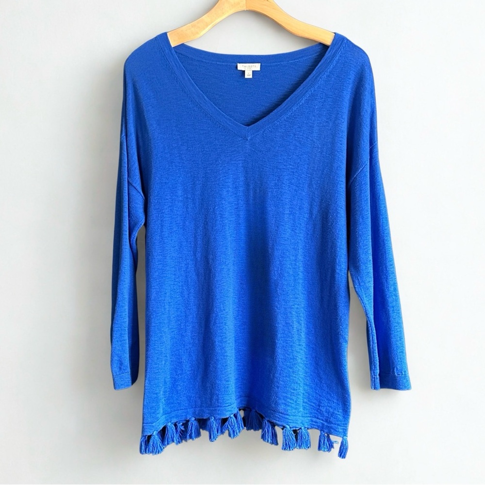 Talbots Blue V-Neck Tassel Hem Lightweight Sweater L Cotton Blend Boho Fringe